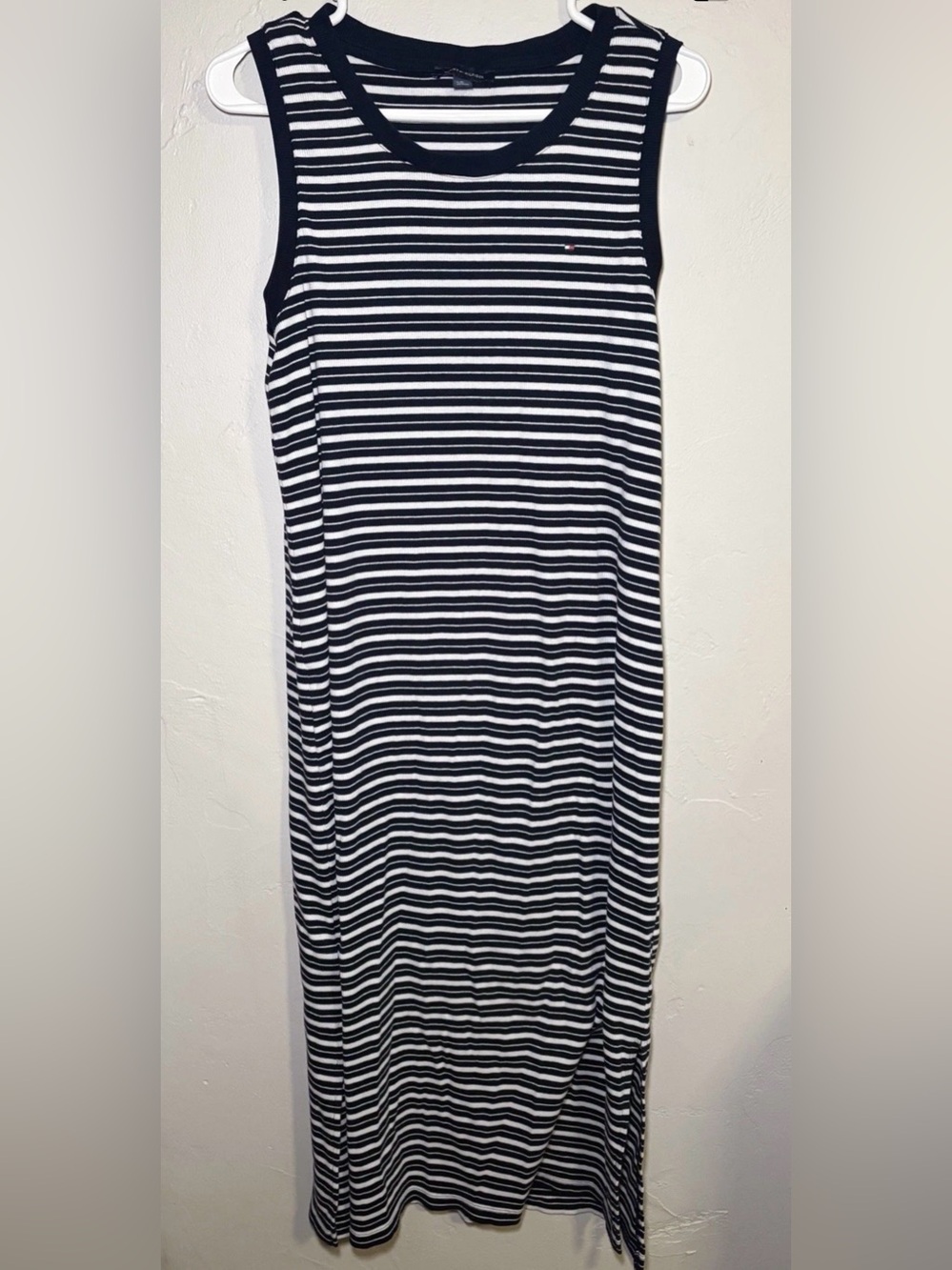 Tommy Hilfiger Striped Sleeveless Ribbed Knit Midi Tank Dress Side Slits 46"